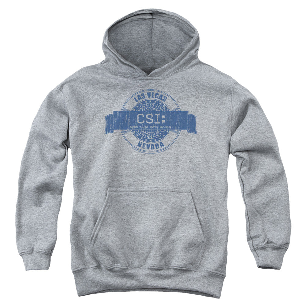AN OFFCIALLY LICENSED CSI VEGAS BADGE YOUTH HOODIE ATHLETIC HEATHER