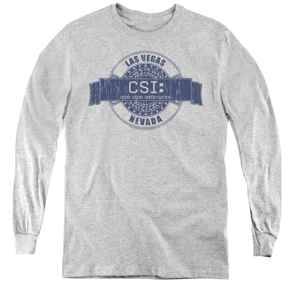 AN OFFCIALLY LICENSED CSI VEGAS BADGE YOUTH LONG SLEEVE T-SHIRT ATHLETIC HEATHER