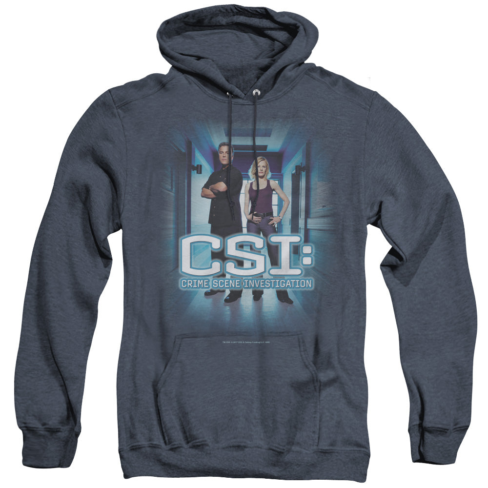 AN OFFCIALLY LICENSED CSI SERIOUS BUSINESS ADULT UNISEX HEATHER PULLOVER HOODIE NAVY