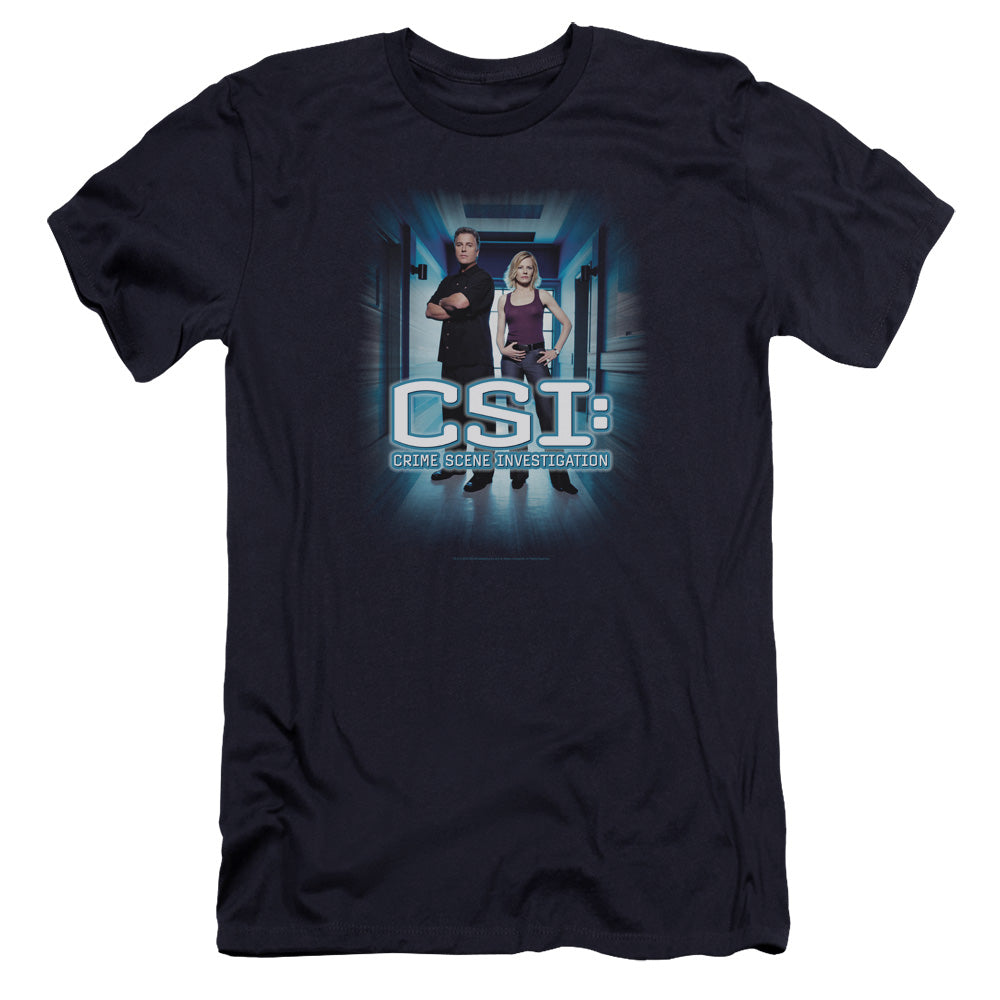 AN OFFCIALLY LICENSED CSI SERIOUS BUSINESS MEN'S PREMIUM SLIM FIT T-SHIRT NAVY