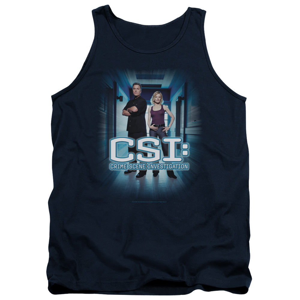 AN OFFCIALLY LICENSED CSI SERIOUS BUSINESS ADULT UNISEX TANK TOP NAVY