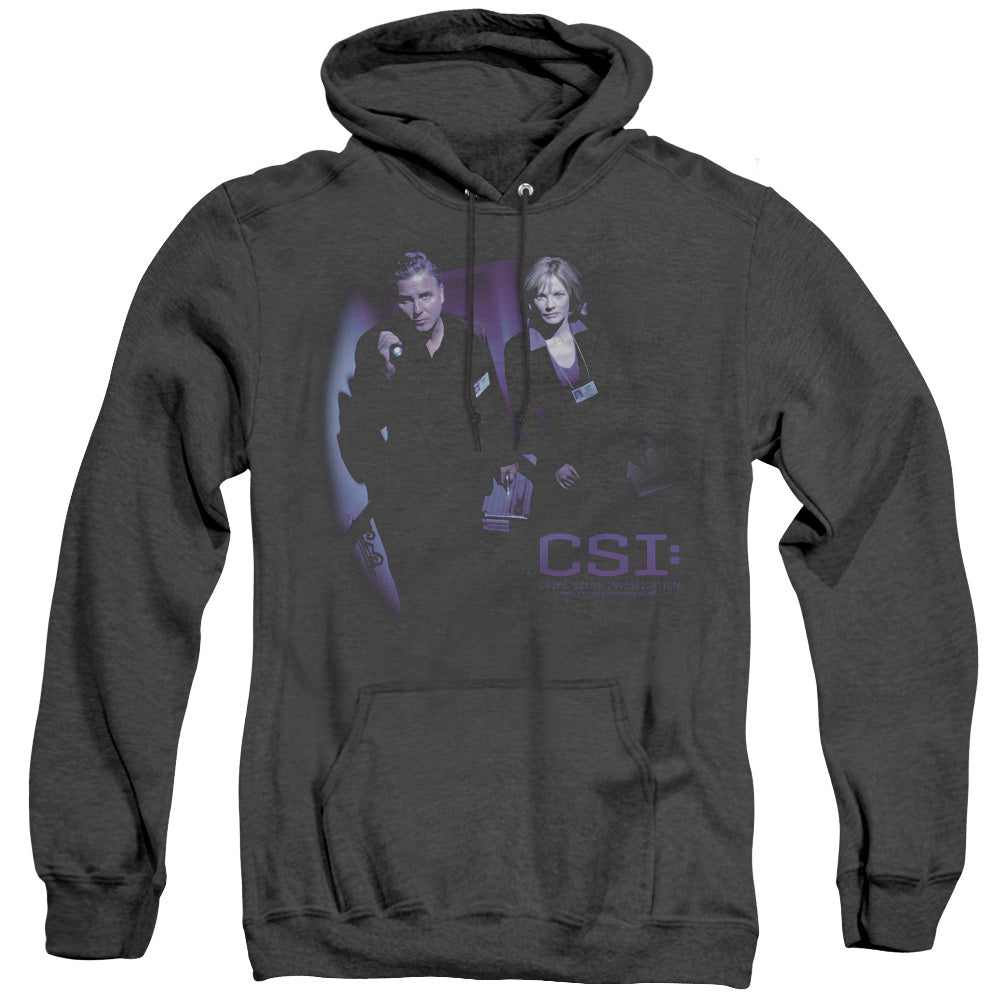 AN OFFCIALLY LICENSED CSI AT THE SCENE ADULT UNISEX HEATHER PULLOVER HOODIE BLACK