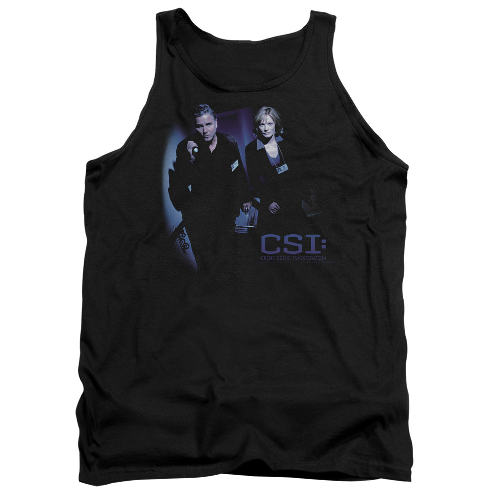 AN OFFCIALLY LICENSED CSI AT THE SCENE ADULT UNISEX TANK TOP BLACK