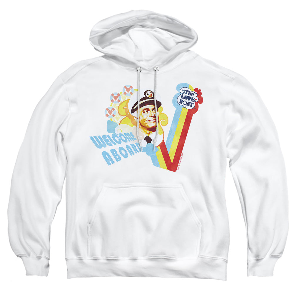 AN OFFCIALLY LICENSED LOVE BOAT WELCOME ABOARD ADULT UNISEX PULLOVER HOODIE WHITE