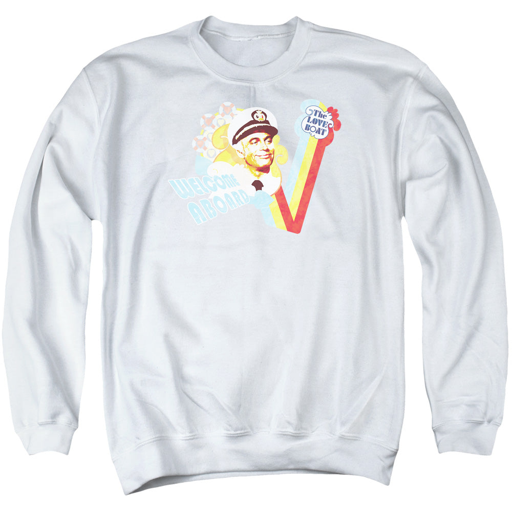 AN OFFCIALLY LICENSED LOVE BOAT WELCOME ABOARD ADULT UNISEX CREWNECK SWEATSHIRT WHITE