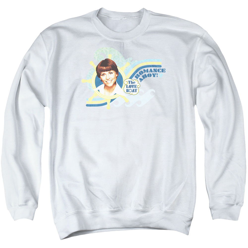 AN OFFCIALLY LICENSED LOVE BOAT ROMANCE AHOY ADULT UNISEX CREWNECK SWEATSHIRT WHITE
