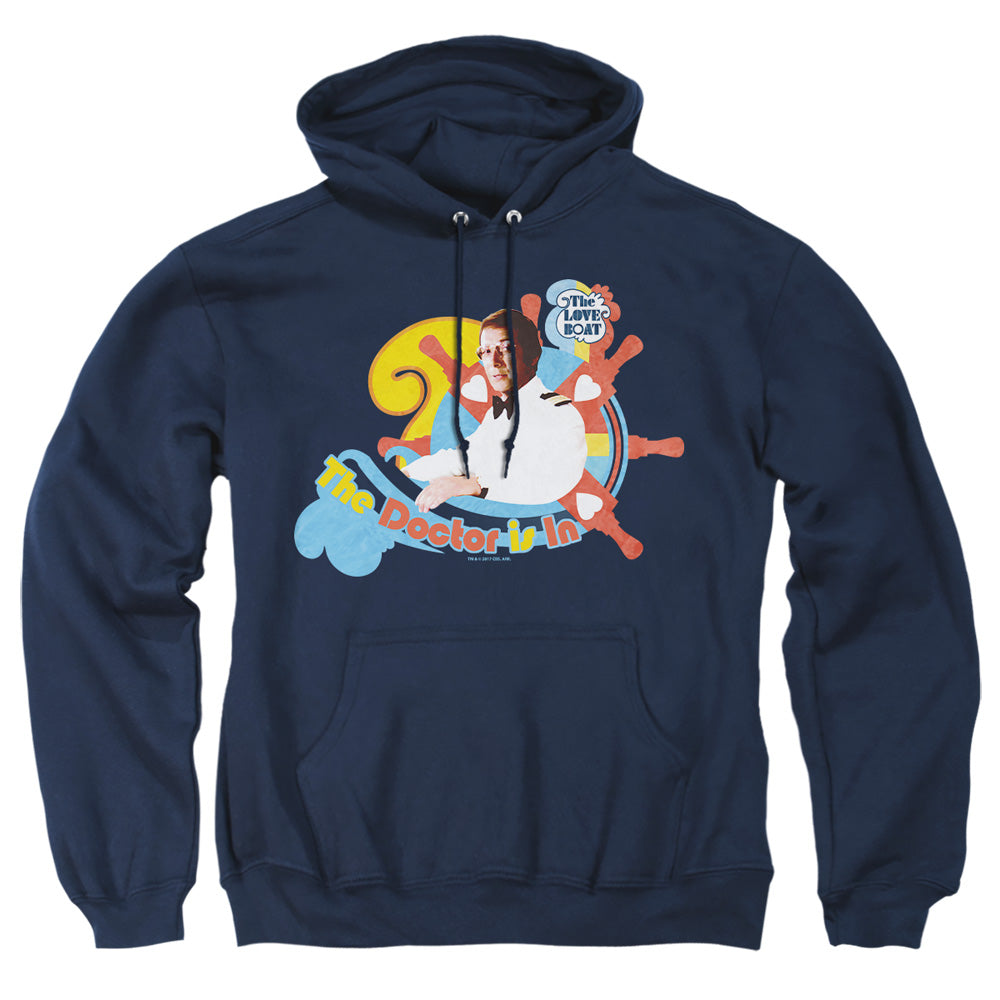 AN OFFCIALLY LICENSED LOVE BOAT THE DOCTOR IS IN ADULT UNISEX PULLOVER HOODIE NAVY