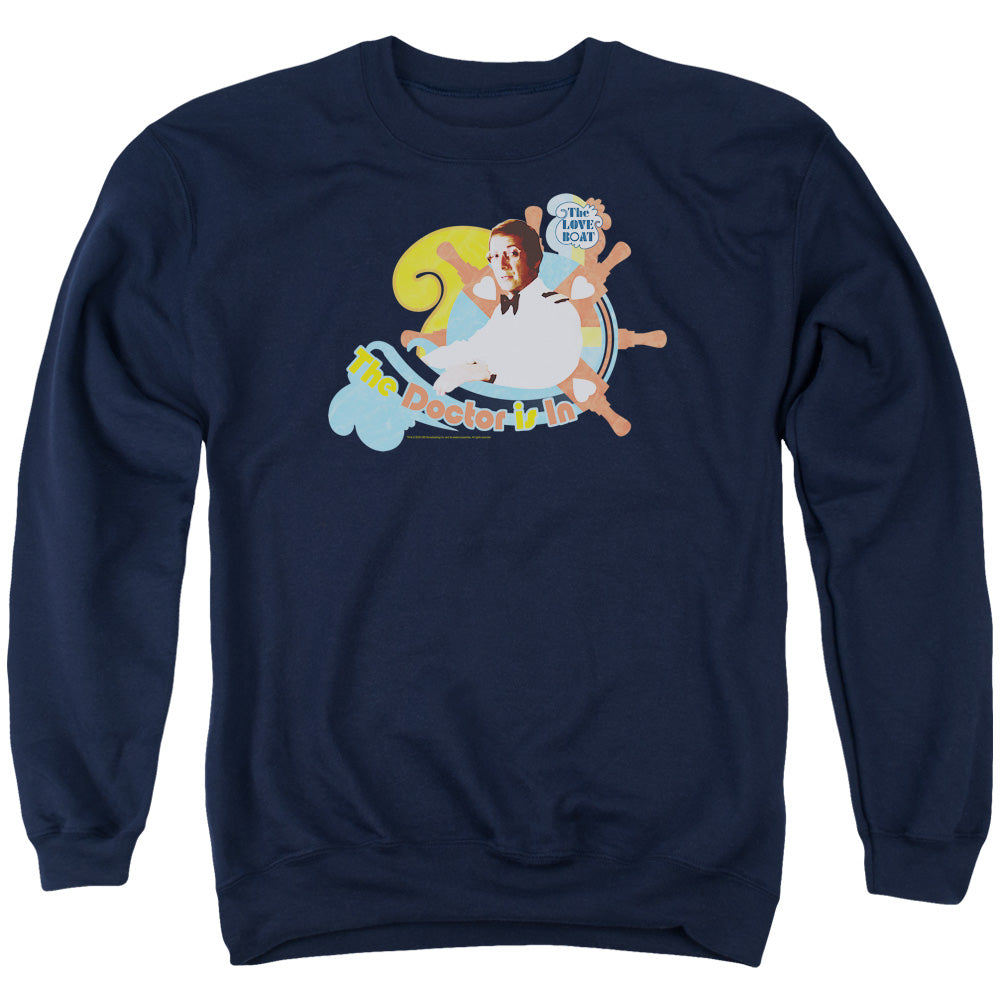 AN OFFCIALLY LICENSED LOVE BOAT THE DOCTOR IS IN ADULT UNISEX CREWNECK SWEATSHIRT NAVY