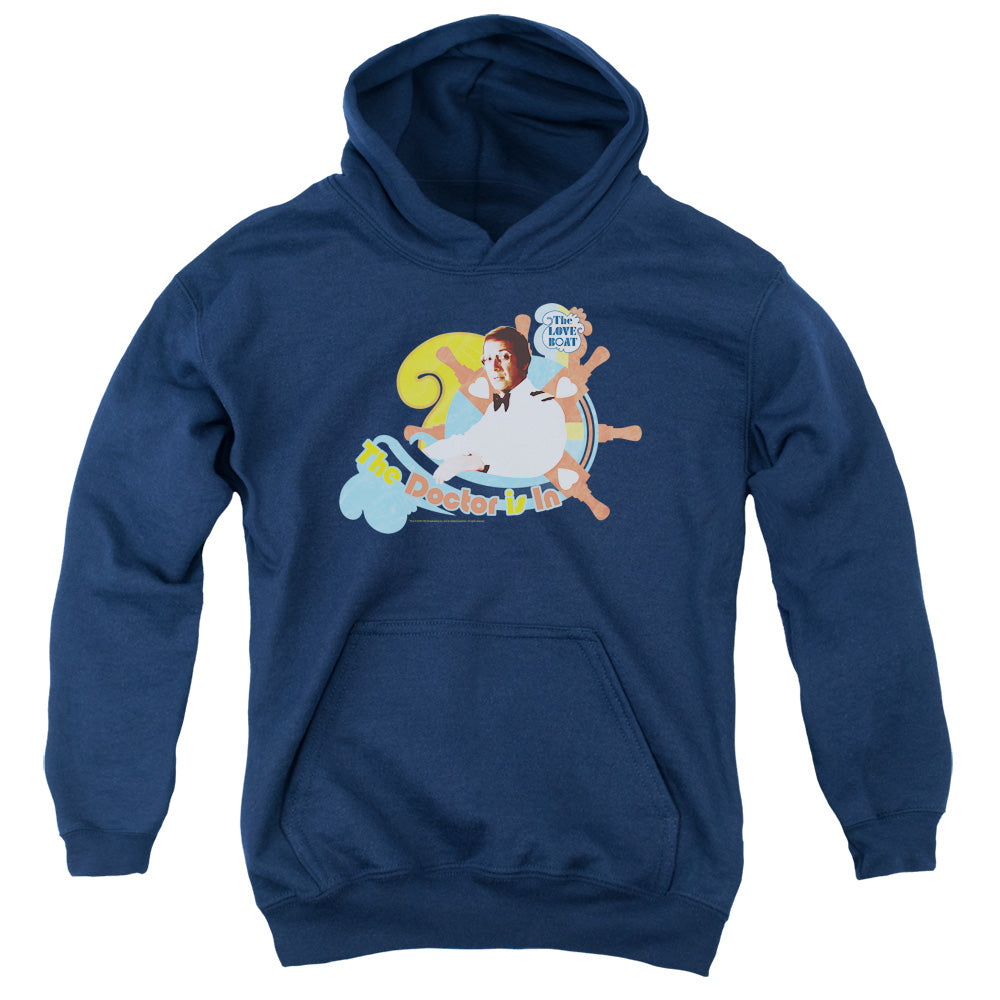 AN OFFCIALLY LICENSED LOVE BOAT THE DOCTOR IS IN YOUTH HOODIE NAVY