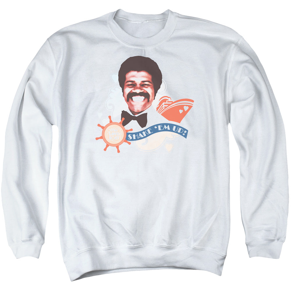 AN OFFCIALLY LICENSED LOVE BOAT SHAKE EM UP ADULT UNISEX CREWNECK SWEATSHIRT WHITE