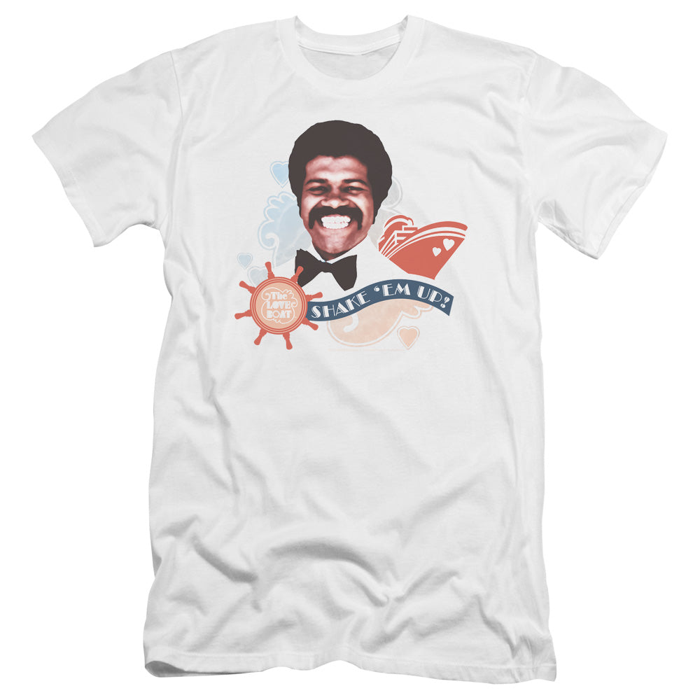 AN OFFCIALLY LICENSED LOVE BOAT SHAKE EM UP MEN'S PREMIUM SLIM FIT T-SHIRT WHITE