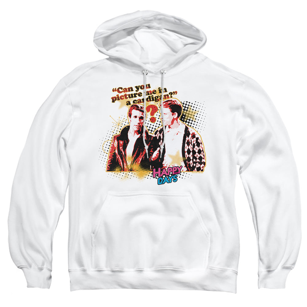 AN OFFCIALLY LICENSED HAPPY DAYS NO CARDIGANS ADULT UNISEX PULLOVER HOODIE WHITE