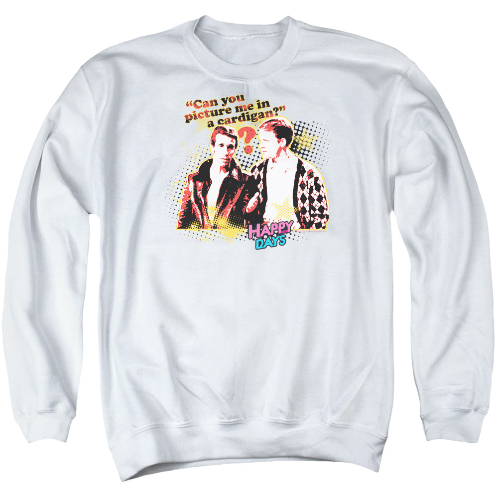 AN OFFCIALLY LICENSED HAPPY DAYS NO CARDIGANS ADULT UNISEX CREWNECK SWEATSHIRT WHITE