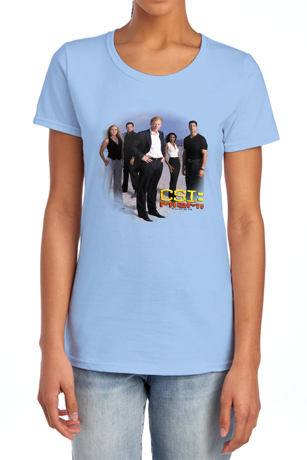 AN OFFCIALLY LICENSED CSI MIAMI CAST WOMEN'S REGULAR FIT T-SHIRT LIGHT BLUE