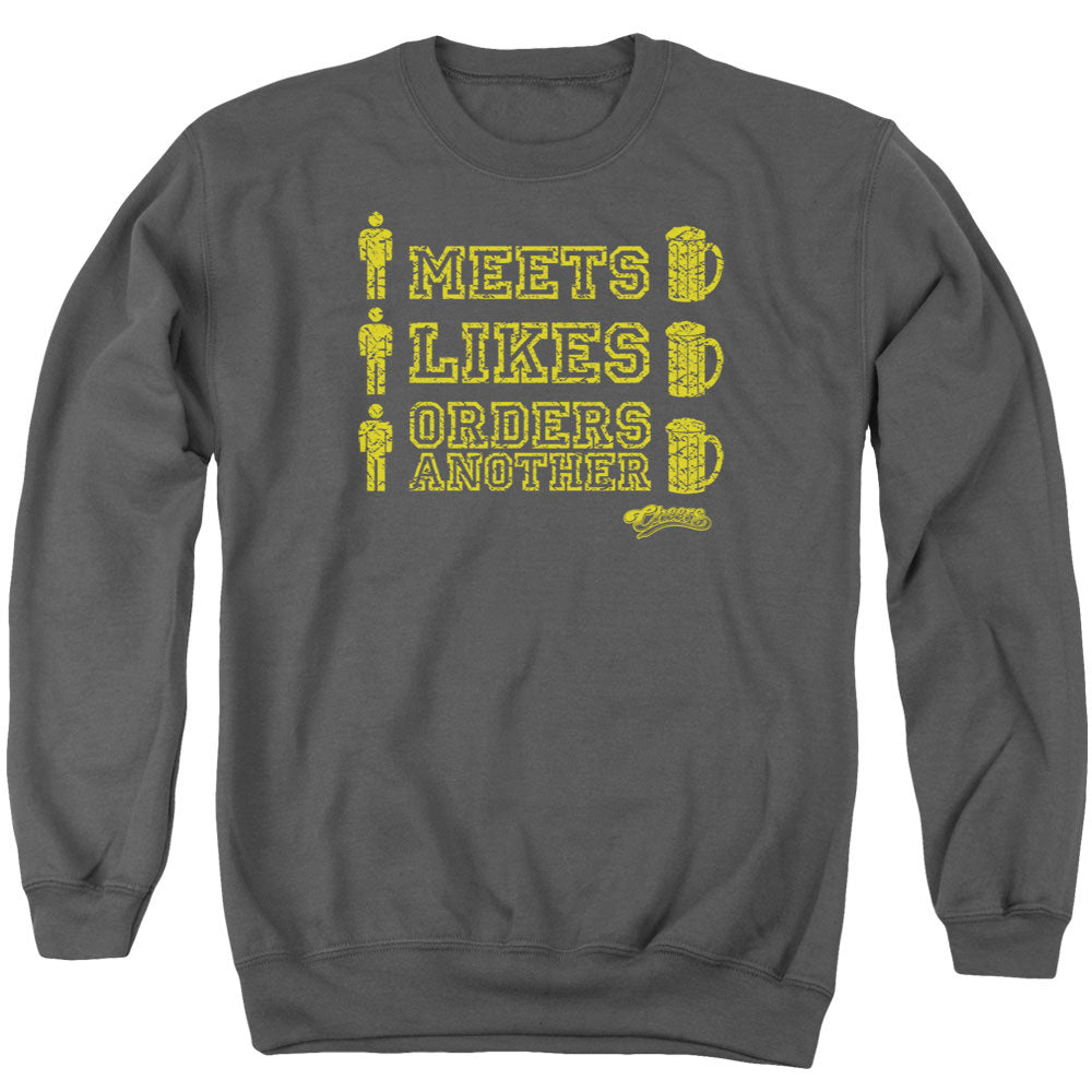 AN OFFCIALLY LICENSED CHEERS MAN MEETS BEER ADULT UNISEX CREWNECK SWEATSHIRT CHARCOAL