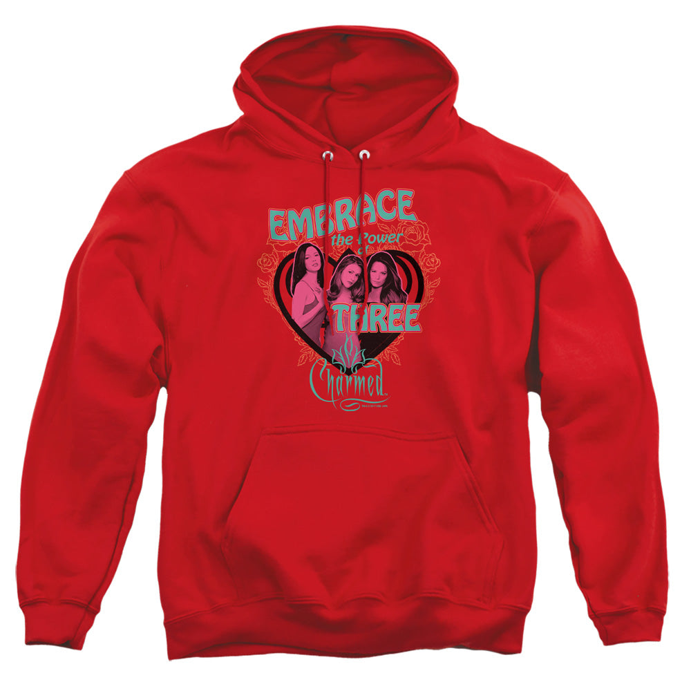 AN OFFCIALLY LICENSED CHARMED EMBRACE THE POWER ADULT UNISEX PULLOVER HOODIE RED