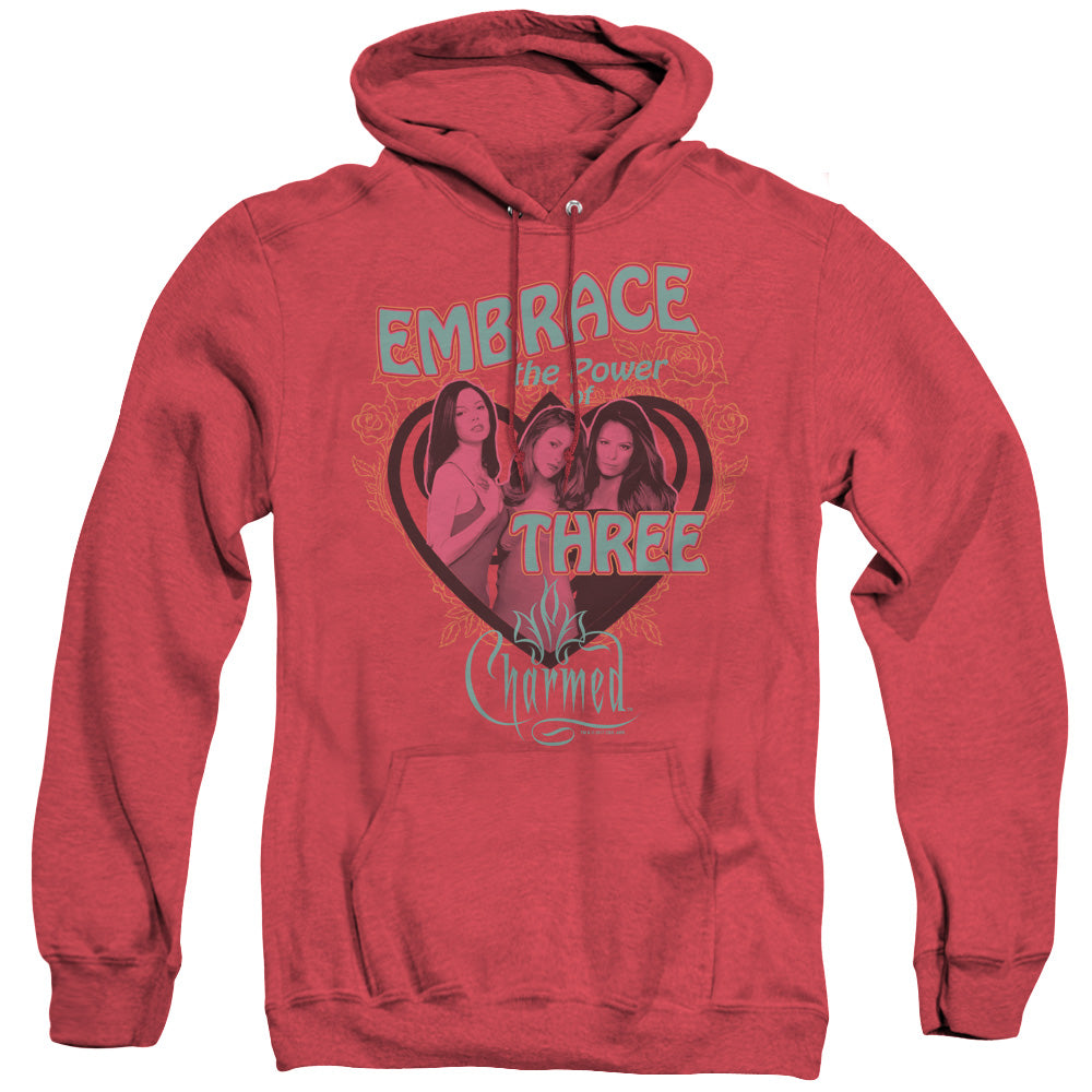 AN OFFCIALLY LICENSED CHARMED EMBRACE THE POWER ADULT UNISEX HEATHER PULLOVER HOODIE RED