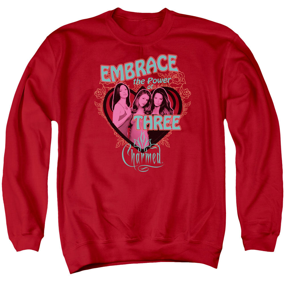 AN OFFCIALLY LICENSED CHARMED EMBRACE THE POWER ADULT UNISEX CREWNECK SWEATSHIRT RED