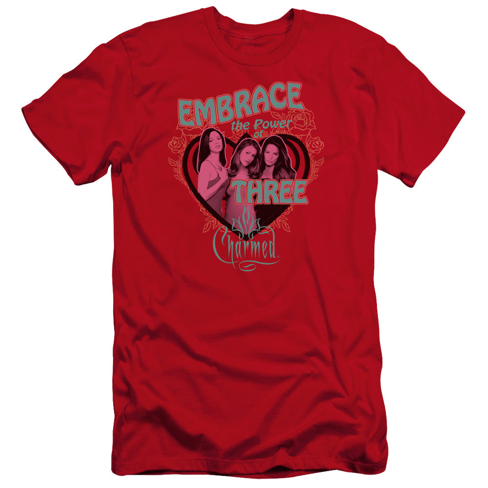 AN OFFCIALLY LICENSED CHARMED EMBRACE THE POWER MEN'S PREMIUM SLIM FIT T-SHIRT RED