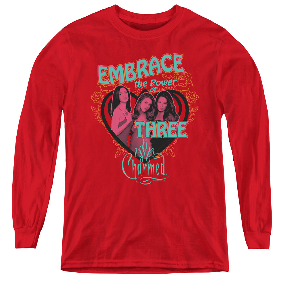 AN OFFCIALLY LICENSED CHARMED EMBRACE THE POWER YOUTH LONG SLEEVE T-SHIRT RED