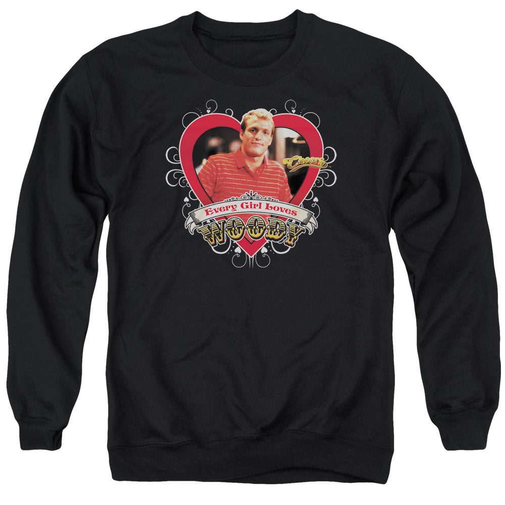 AN OFFCIALLY LICENSED CHEERS WOODY ADULT UNISEX CREWNECK SWEATSHIRT BLACK