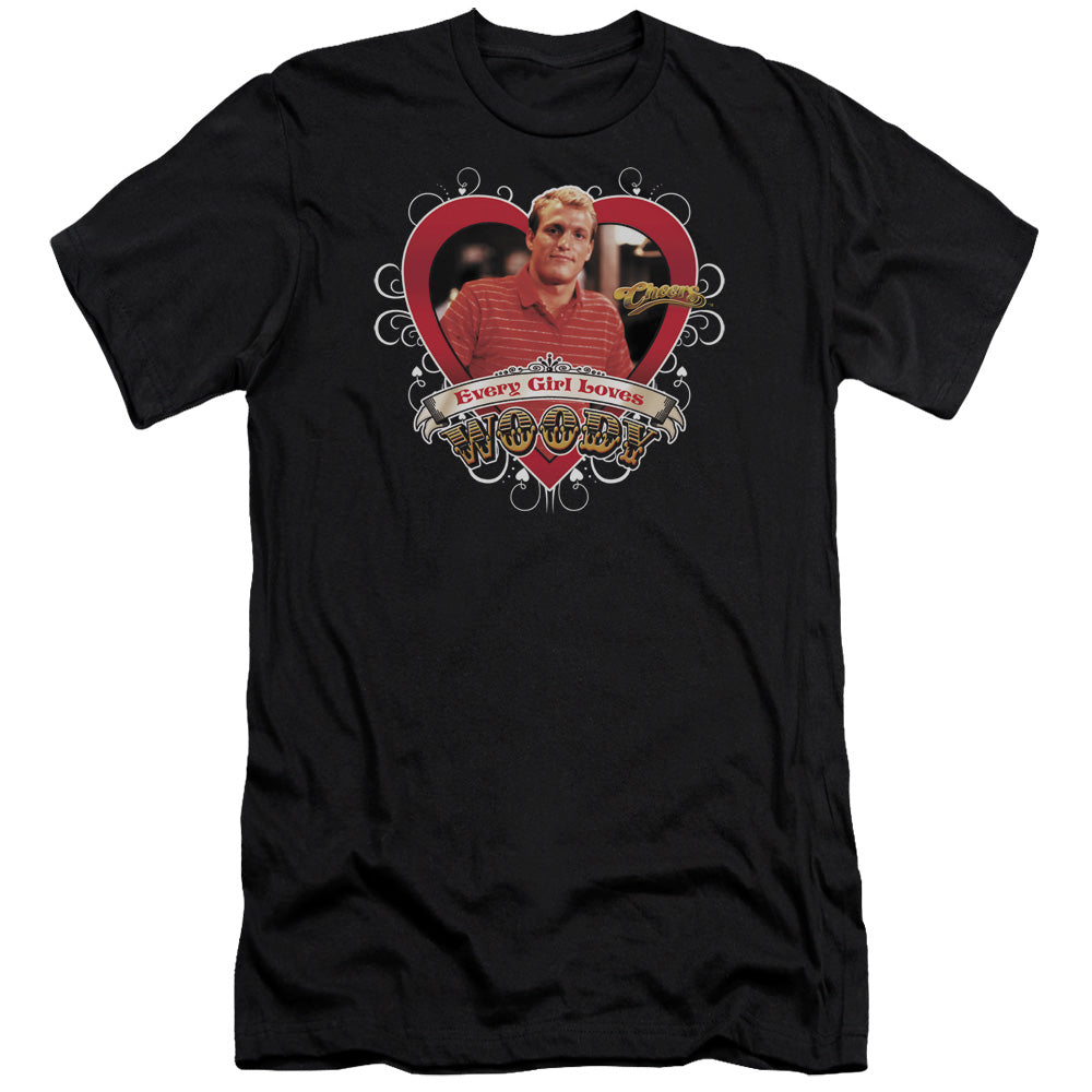 AN OFFCIALLY LICENSED CHEERS WOODY MEN'S PREMIUM SLIM FIT T-SHIRT BLACK
