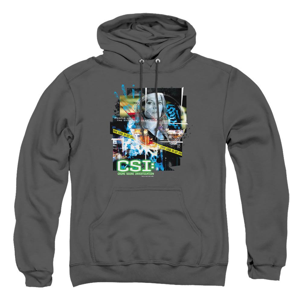AN OFFCIALLY LICENSED CSI EVIDENCE COLLAGE ADULT UNISEX PULLOVER HOODIE CHARCOAL