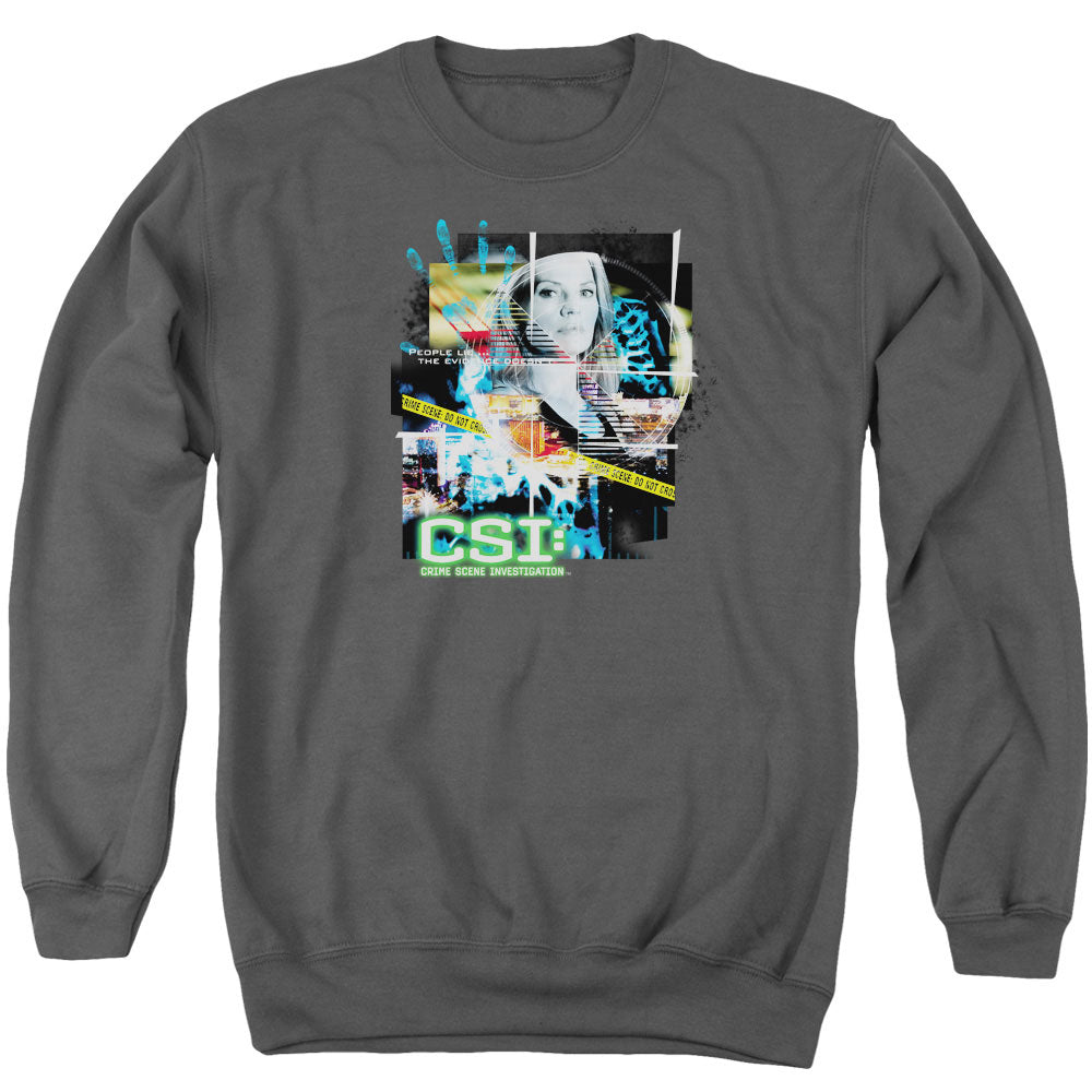 AN OFFCIALLY LICENSED CSI EVIDENCE COLLAGE ADULT UNISEX CREWNECK SWEATSHIRT CHARCOAL