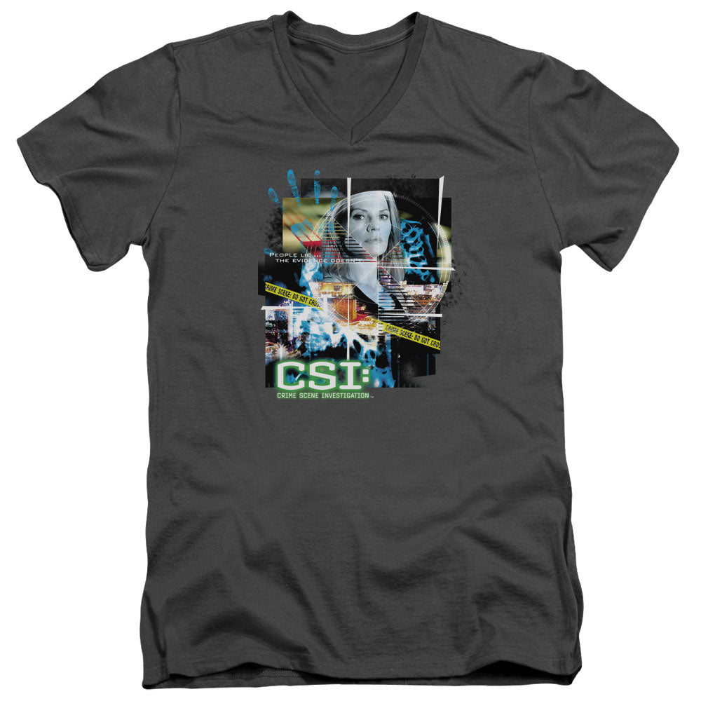 AN OFFCIALLY LICENSED CSI EVIDENCE COLLAGE MEN'S V-NECK T-SHIRT CHARCOAL