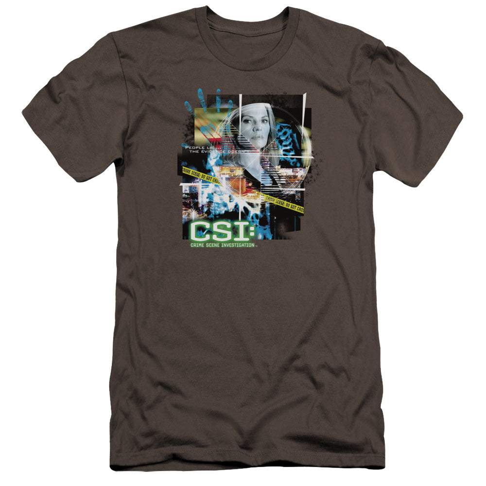 AN OFFCIALLY LICENSED CSI EVIDENCE COLLAGE MEN'S PREMIUM SLIM FIT T-SHIRT CHARCOAL