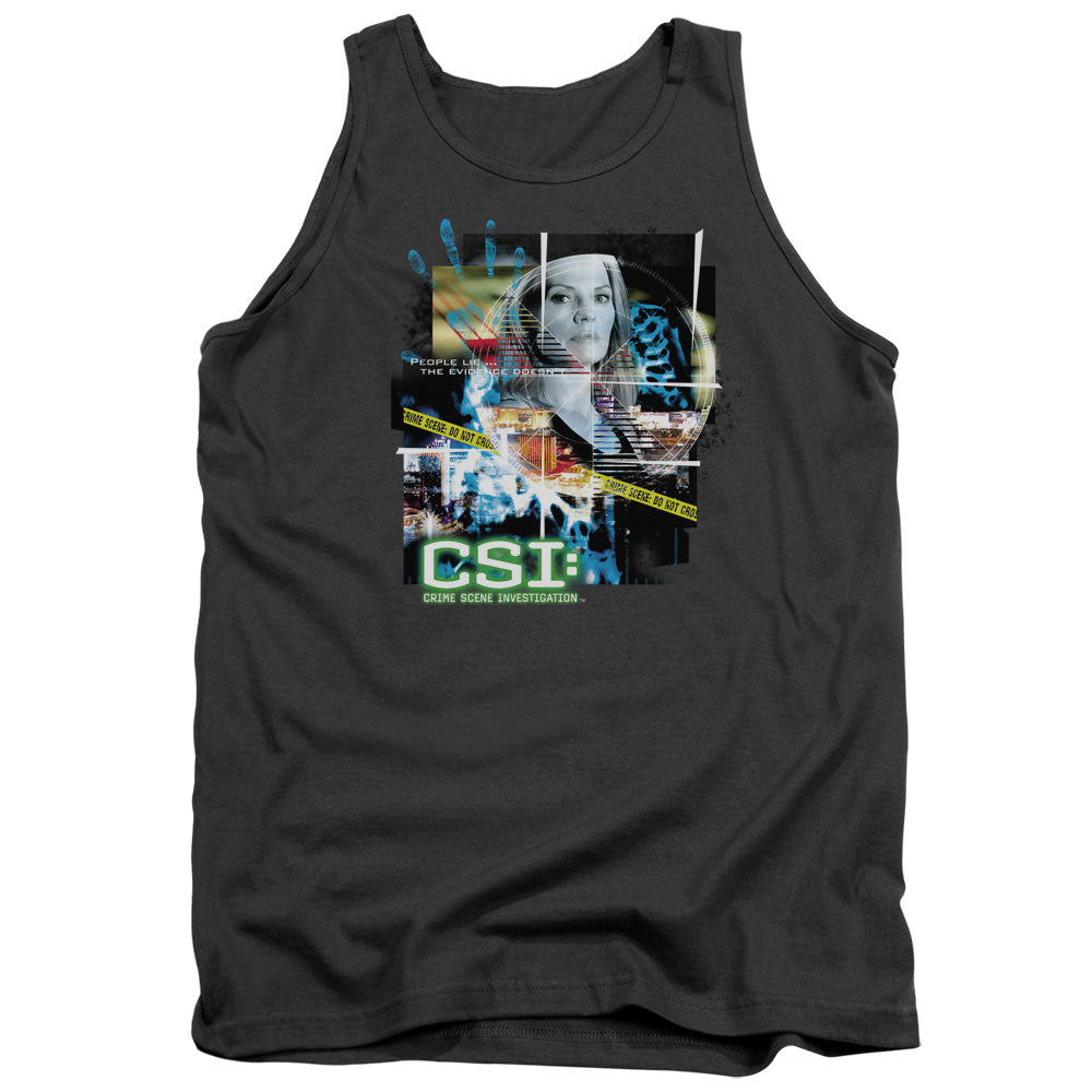 AN OFFCIALLY LICENSED CSI EVIDENCE COLLAGE ADULT UNISEX TANK TOP CHARCOAL