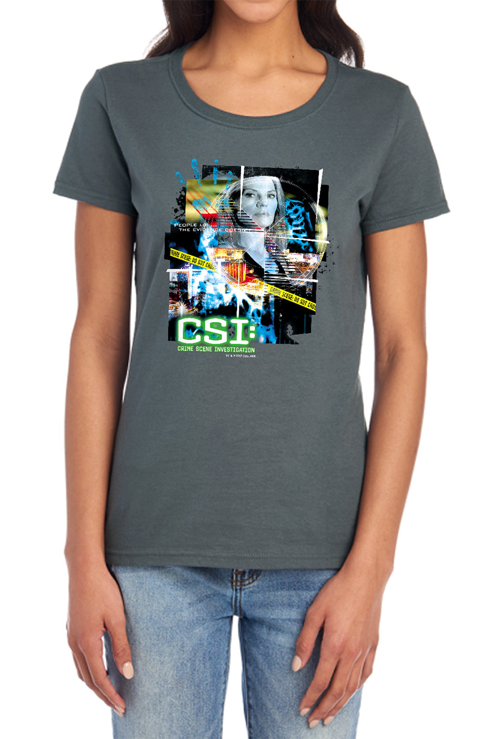 AN OFFCIALLY LICENSED CSI EVIDENCE COLLAGE WOMEN'S REGULAR FIT T-SHIRT CHARCOAL