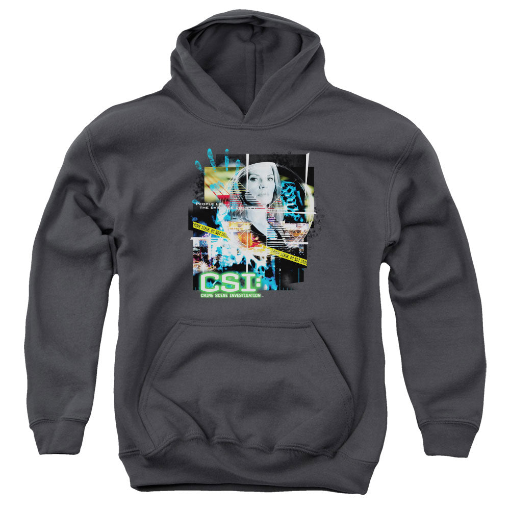 AN OFFCIALLY LICENSED CSI EVIDENCE COLLAGE YOUTH HOODIE CHARCOAL