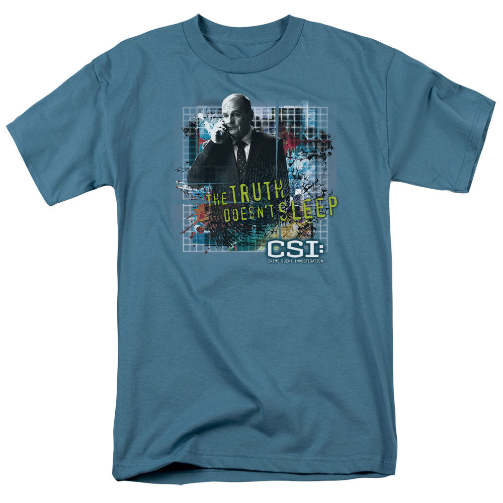 AN OFFCIALLY LICENSED CSI TRUTH DOESNT SLEEP MEN'S REGULAR FIT T-SHIRT SLATE