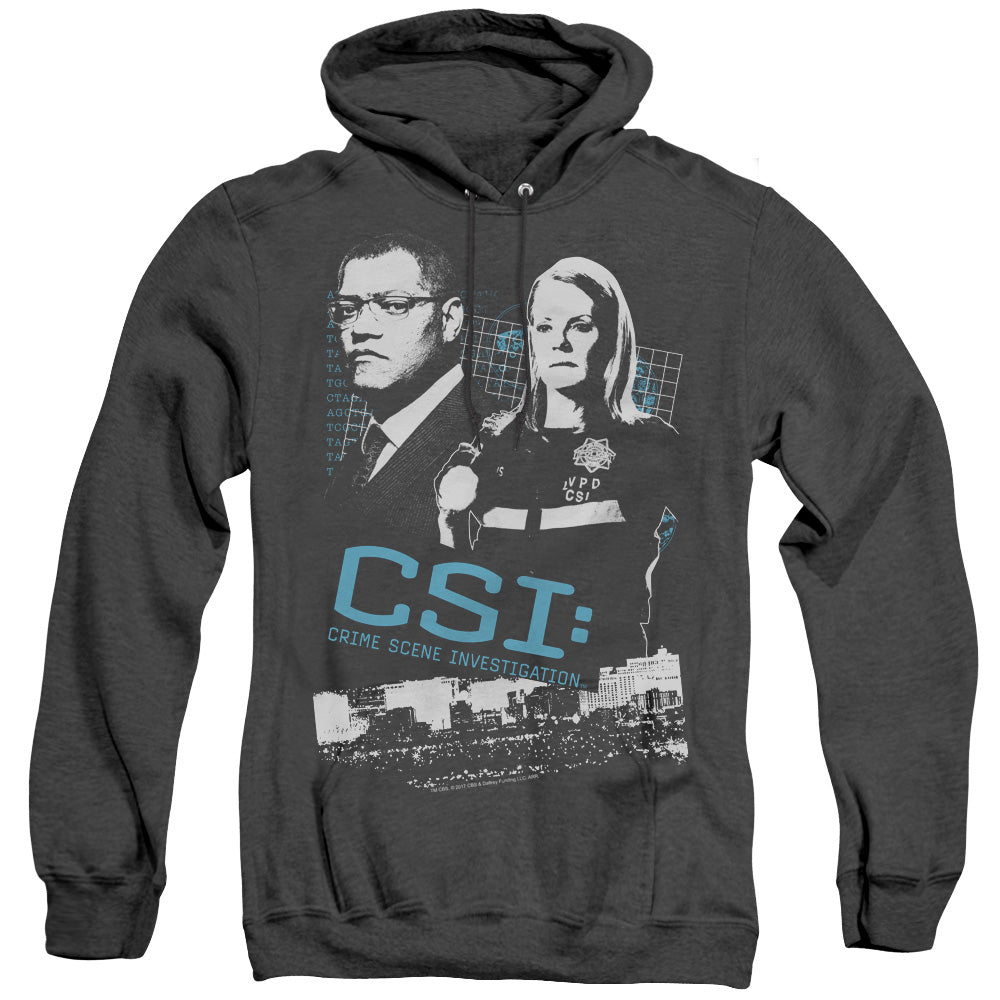 AN OFFCIALLY LICENSED CSI INVESTIGATE THIS ADULT UNISEX HEATHER PULLOVER HOODIE BLACK