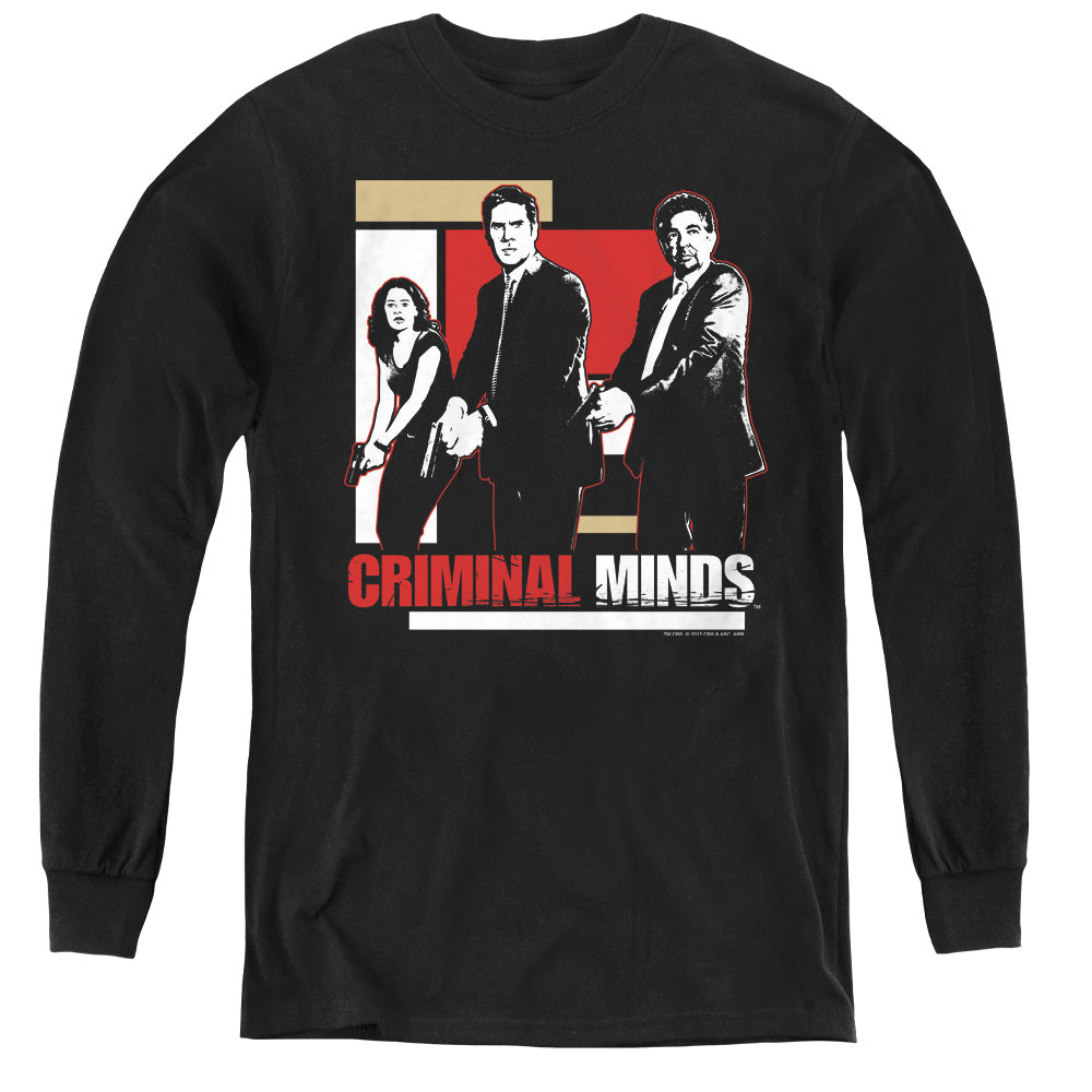 AN OFFCIALLY LICENSED CRIMINAL MINDS GUNS DRAWN YOUTH LONG SLEEVE T-SHIRT BLACK