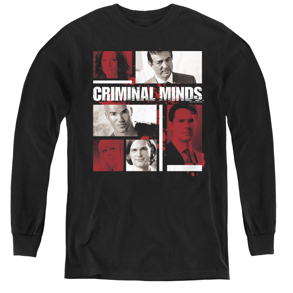 AN OFFCIALLY LICENSED CRIMINAL MINDS CHARACTER BOXES YOUTH LONG SLEEVE T-SHIRT BLACK