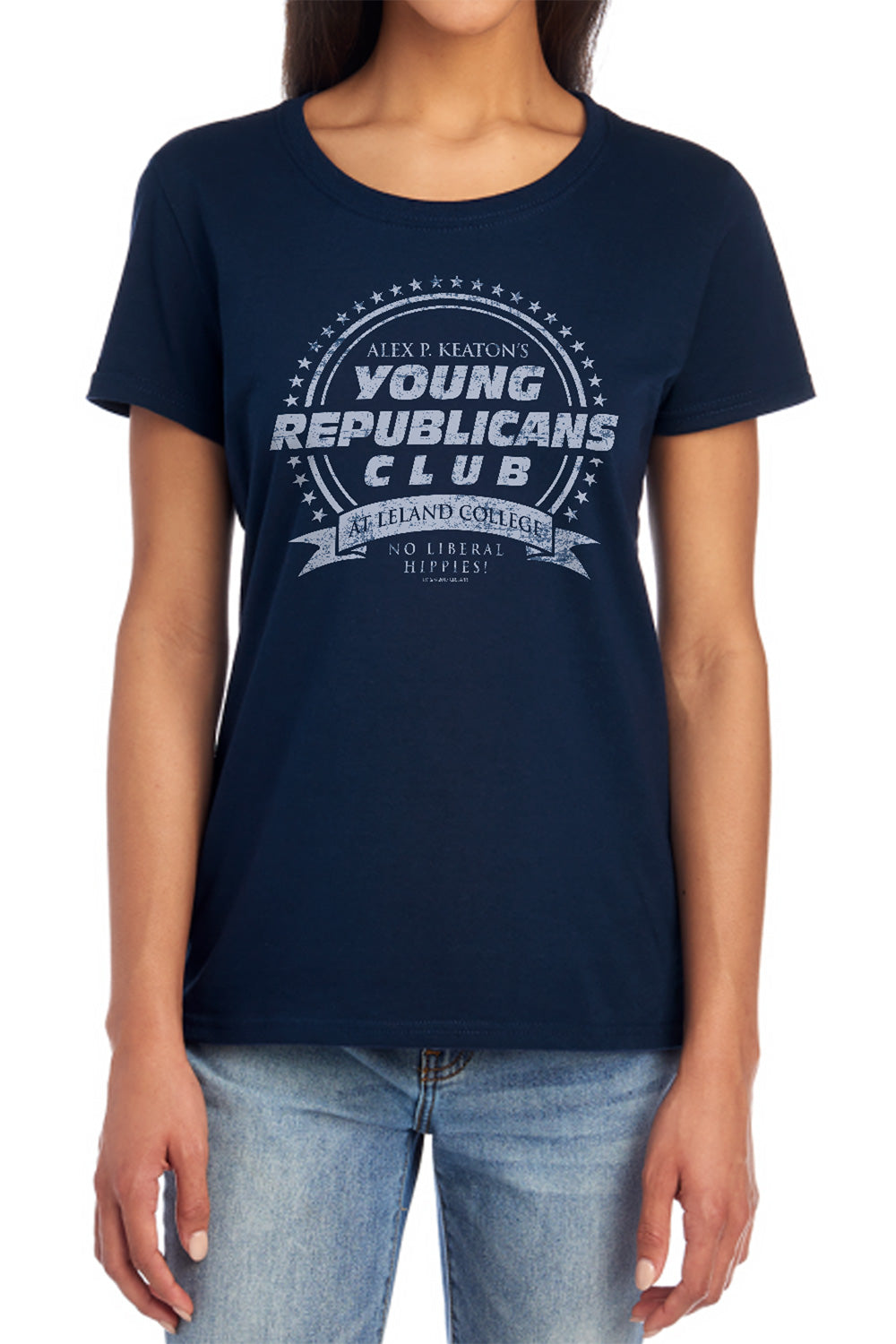 AN OFFCIALLY LICENSED FAMILY TIES YOUNG REPUBLICANS CLUB WOMEN'S REGULAR FIT T-SHIRT NAVY
