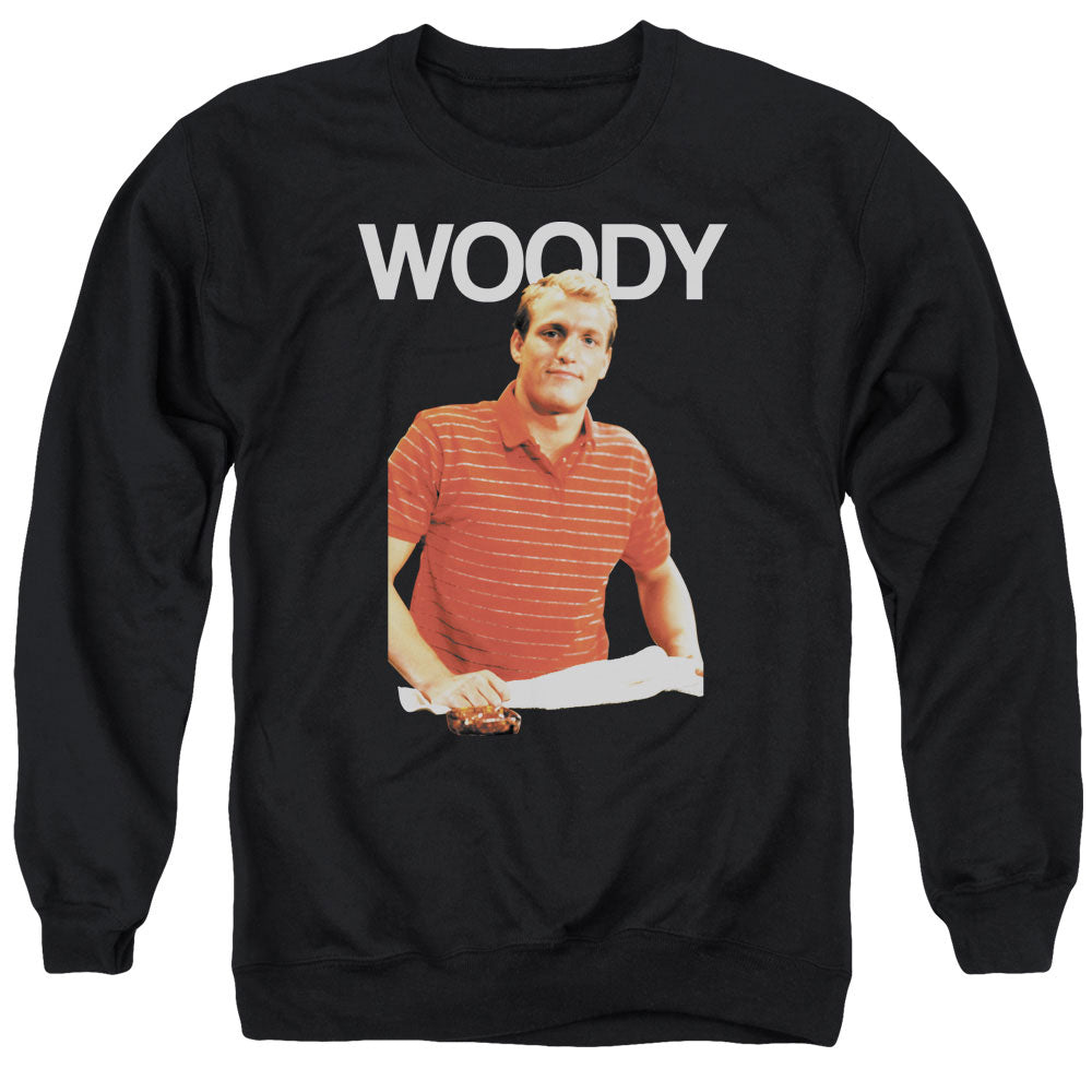 AN OFFCIALLY LICENSED CHEERS WOODY ADULT UNISEX CREWNECK SWEATSHIRT BLACK