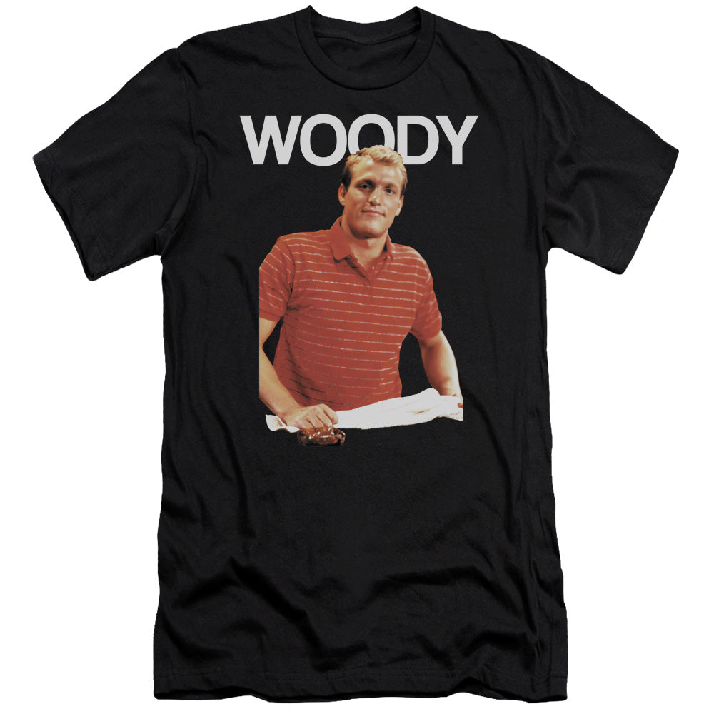 AN OFFCIALLY LICENSED CHEERS WOODY MEN'S PREMIUM SLIM FIT T-SHIRT BLACK