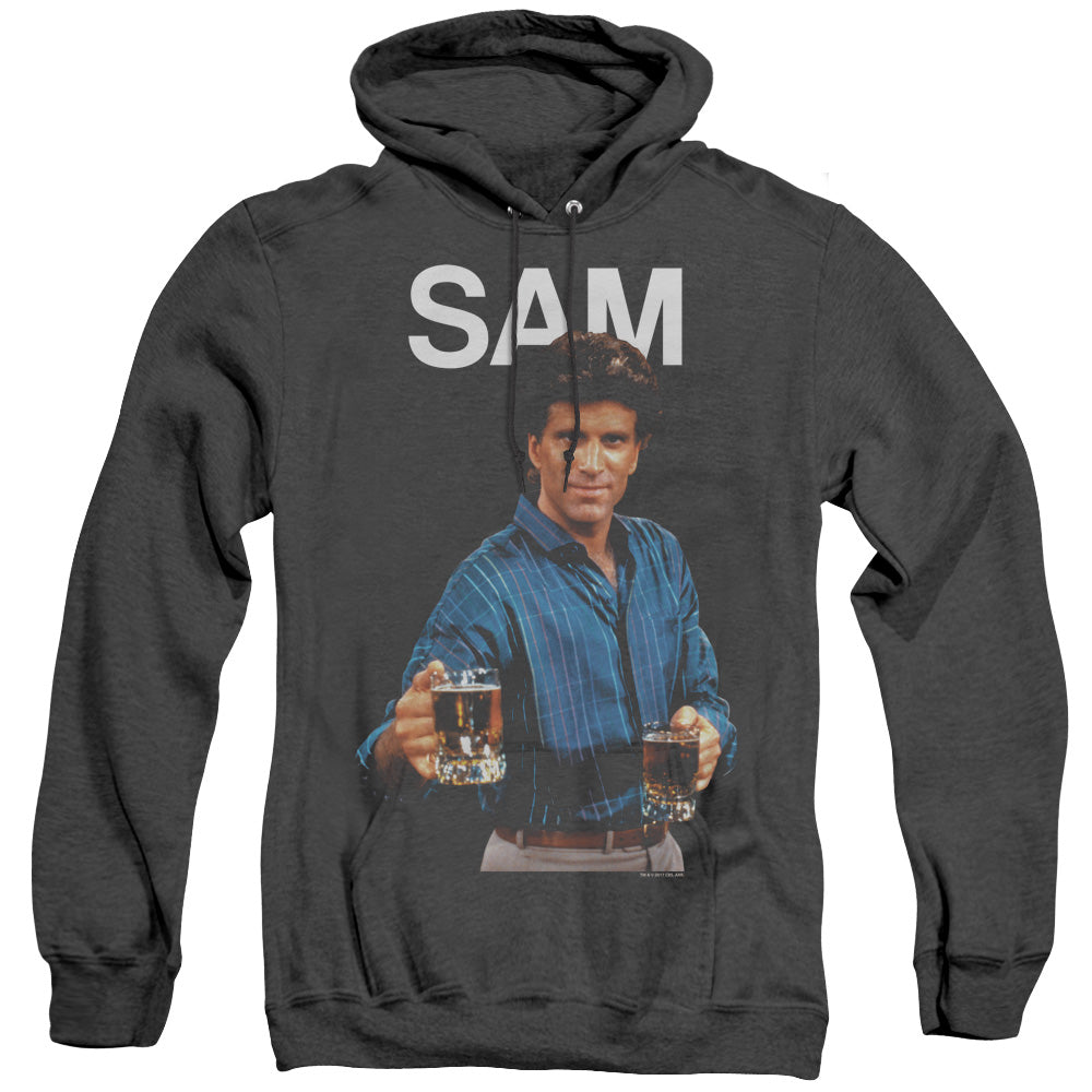 AN OFFCIALLY LICENSED CHEERS SAM ADULT UNISEX HEATHER PULLOVER HOODIE BLACK