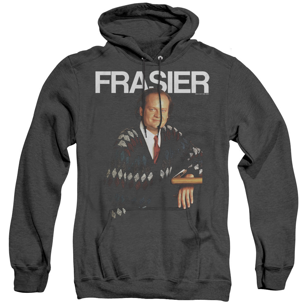 AN OFFCIALLY LICENSED CHEERS FRASIER ADULT UNISEX HEATHER PULLOVER HOODIE BLACK