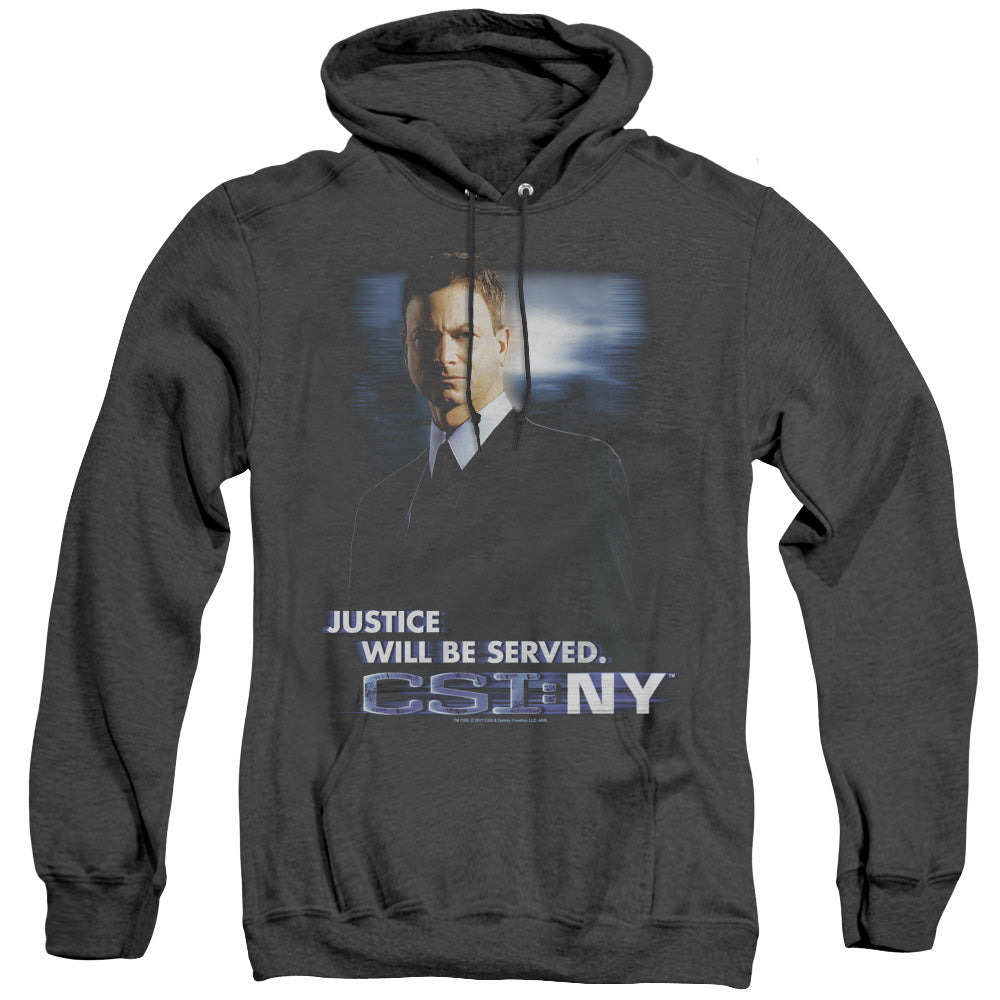 AN OFFCIALLY LICENSED CSI:NY JUSTICE SERVED ADULT UNISEX HEATHER PULLOVER HOODIE BLACK