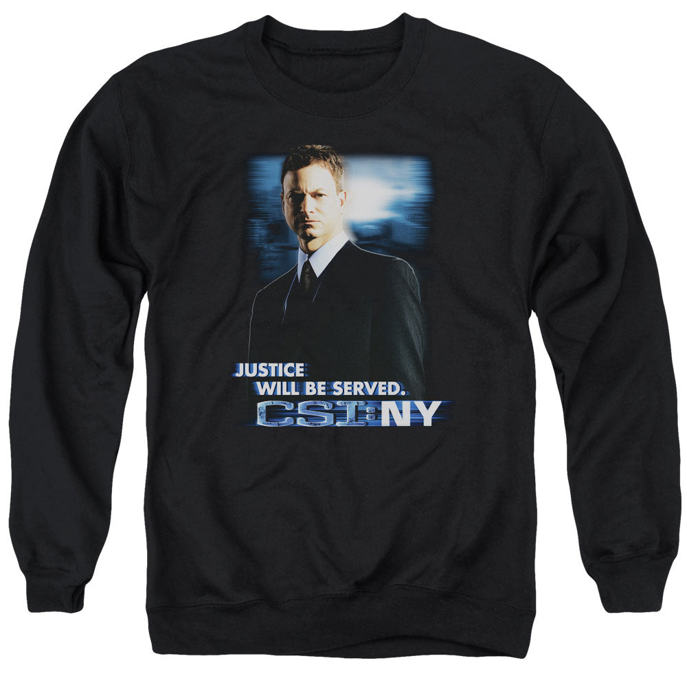 AN OFFCIALLY LICENSED CSI:NY JUSTICE SERVED ADULT UNISEX CREWNECK SWEATSHIRT BLACK