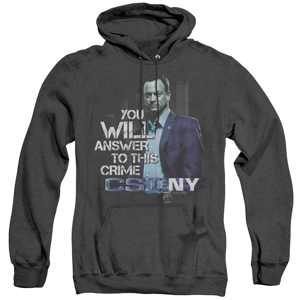 AN OFFCIALLY LICENSED CSI NY YOU WILL ANSWER ADULT UNISEX HEATHER PULLOVER HOODIE BLACK