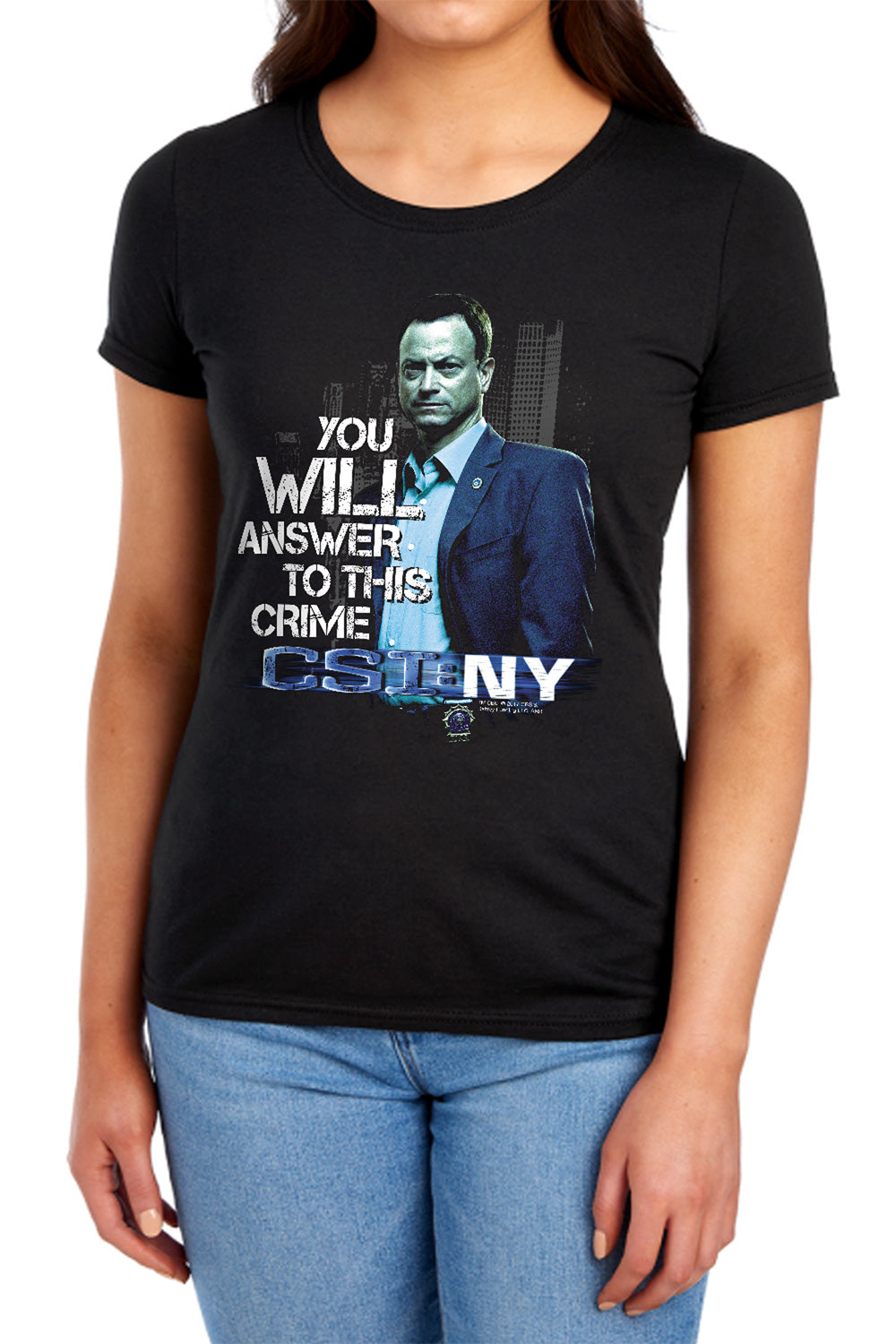 AN OFFCIALLY LICENSED CSI NY YOU WILL ANSWER WOMEN'S REGULAR FIT T-SHIRT BLACK