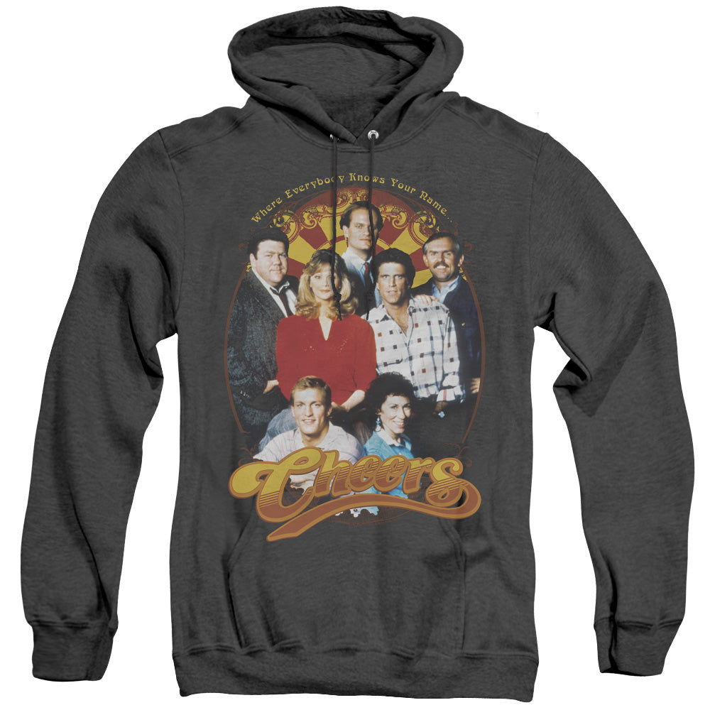 AN OFFCIALLY LICENSED CHEERS GROUP SHOT ADULT UNISEX HEATHER PULLOVER HOODIE BLACK