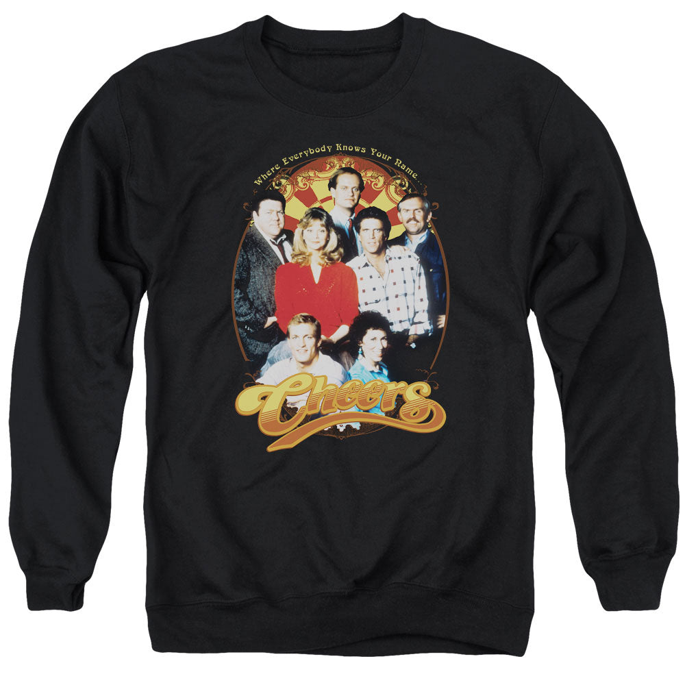 AN OFFCIALLY LICENSED CHEERS GROUP SHOT ADULT UNISEX CREWNECK SWEATSHIRT BLACK