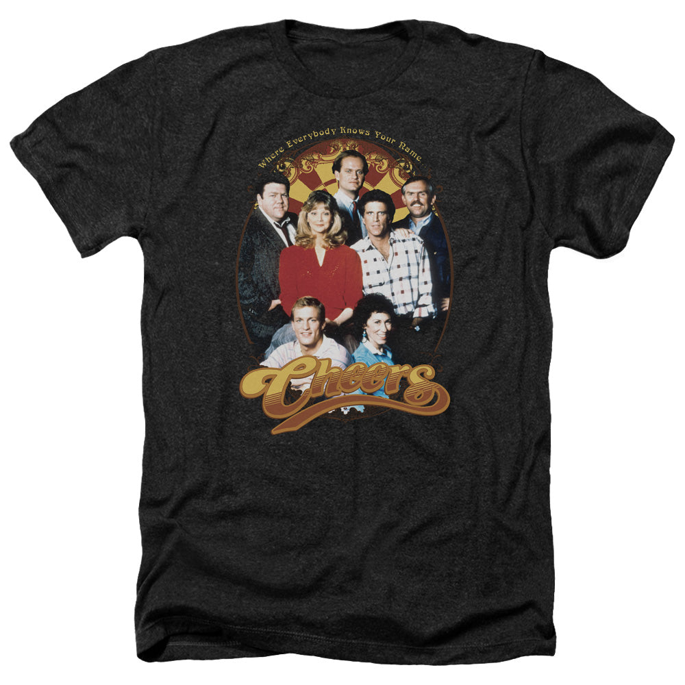 AN OFFCIALLY LICENSED CHEERS GROUP SHOT MEN'S HEATHER T-SHIRT CHARCOAL