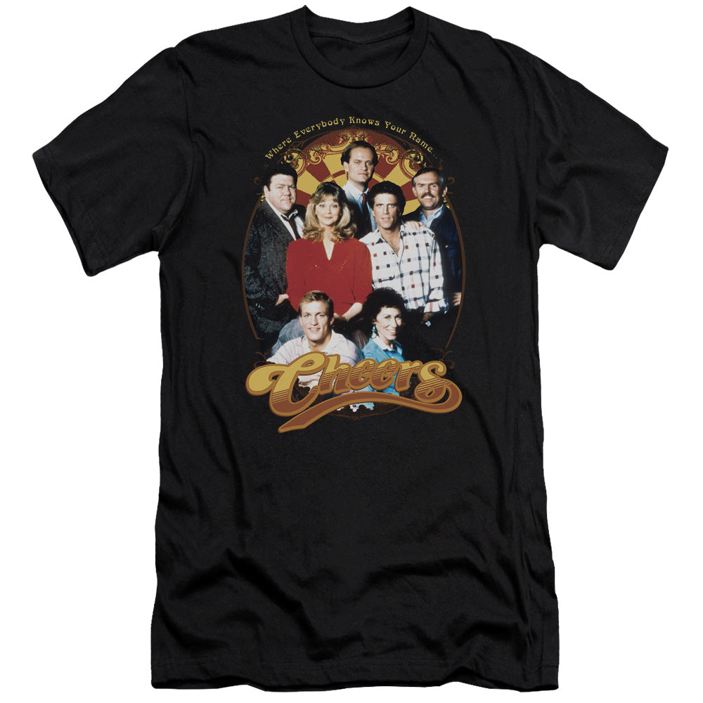 AN OFFCIALLY LICENSED CHEERS GROUP SHOT MEN'S PREMIUM SLIM FIT T-SHIRT BLACK